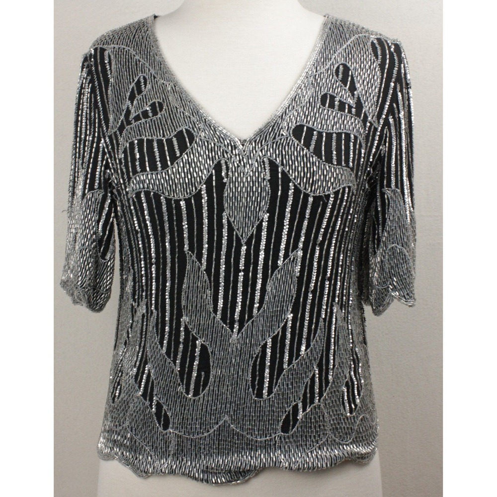 Vintage Judith Ann Creations Silk Beaded Statement Top Black Silver S